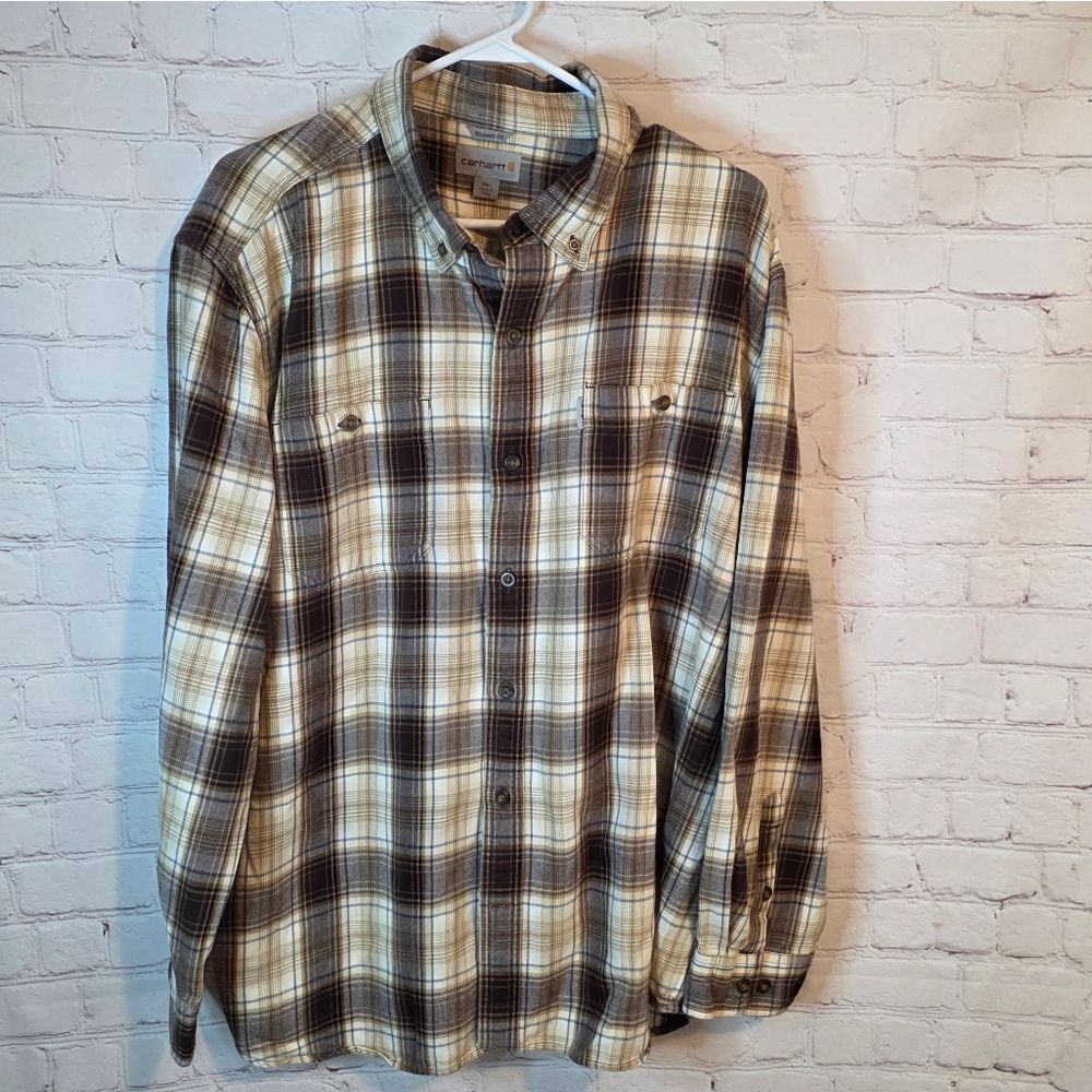 Carhartt Men's Checkered Button Up Flannel in Brown and Cream, Size XXL